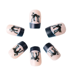 Short punk press-on nails with dark blue French tips and black cat silhouette designs