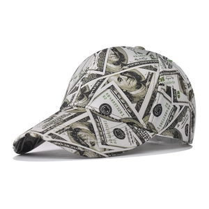 Streetwear baseball cap with all-over green dollar bill print on cream twill cotton