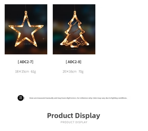 Detailed view of LED star and Christmas tree hanging lights with size specifications
