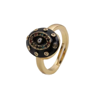 Adjustable gold evil eye ring with black enamel and colorful zircon stones
