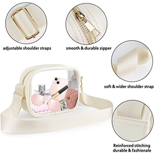 Transparent PVC crossbody bag with adjustable wide strap and reinforced stitching detail