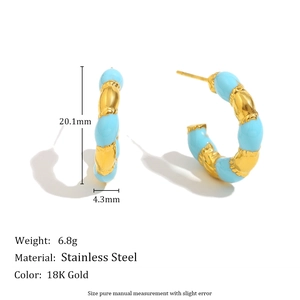 18K gold plated stainless steel C-shape stud earrings with light blue enamel finish