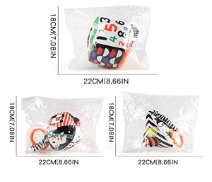 Detail view of high contrast black and white baby cloth book toys with size dimensions