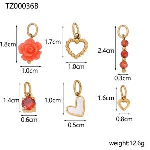 Detailed dimension guide for six gold-plated heart and rose pendants with size markings