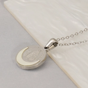 Religious silver steel pendant necklace with Virgin Mary carving and moon charm