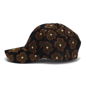 Women's black baseball cap with floral prints and curved brim, side view profile