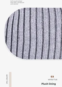 Close-up of winter knit hat with thick plush fleece lining and grey textured fabric