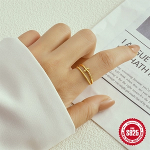Elegant 925 sterling silver double-layer gold cross ring with beaded design for women