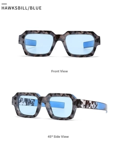 Detailansicht der geometrischen Schildpatt-Sonnenbrille mit hellblauen Gläsern