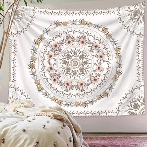 Floral Mandala tapestry in brown and yellow tones for boho bedroom wall decoration
