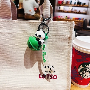 Portachiavi panda creativo con campanellino verde e cinturino su borsa di tela