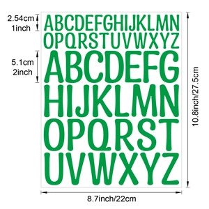 Detail view of green vinyl letter stickers showing 1 inch and 2 inch size measurements