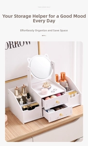 White wooden vanity organizer with cat-ear mirror, crystal handle drawers and compartments