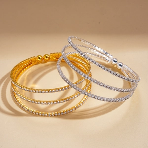 Retro multi-layer rhinestone open bracelets in gold and silver finish with crystal pavé
