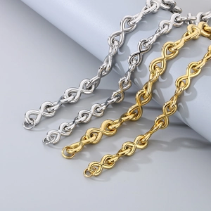 Detailed view of infinity link chains in gold and silver polished stainless steel