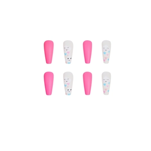 Matte press-on nails with pink and white clouds, smiling face designs in coffin shape
