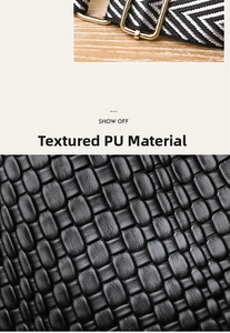 Detail of black embossed PU leather texture and woven chevron strap with gold buckle