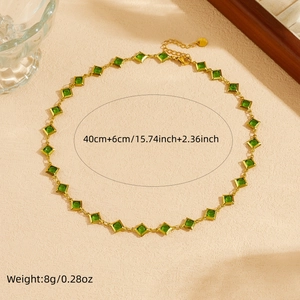 Gold stainless steel necklace with square green stone and specific size measurements
