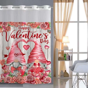 Pink Valentine's Day waffle shower curtain with cute gnomes and heart pattern