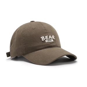 Coffee brown cotton baseball cap with 3D BEAR embroidery shown from a 45-degree angle