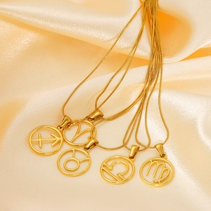 Constellation Pendant Necklace 18K Gold Plated Stainless Steel Hollow Round Zodiac Sign Minimalist Jewelry For Women