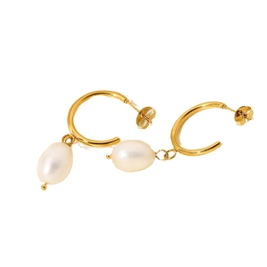Elegant gold hoop earrings with natural white baroque pearl drops on a white background
