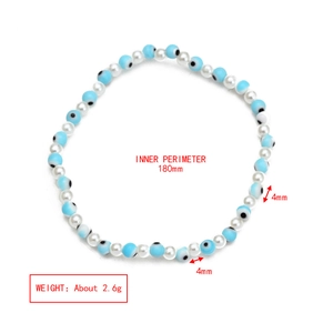 Detailed view of blue evil eye beads and pearls with size and weight specifications