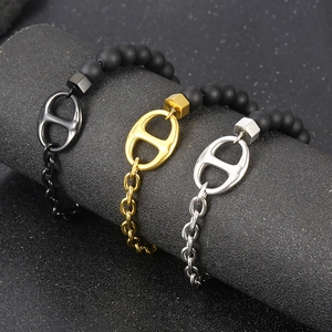 Three men's beaded bracelets with H-shaped metal clasps in black, gold, and silver finishes