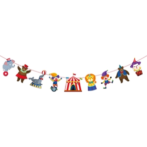 Vibrant circus theme birthday party banner with cartoon elephant lion and clown characters