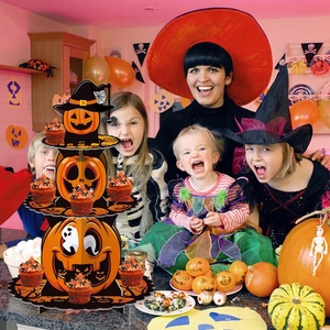 Three-tier pumpkin Halloween cupcake stand made of corrugated paper for party decor