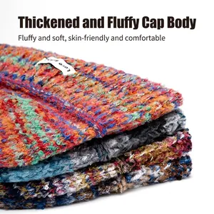 Colorful gradient chunky knit bucket hat with soft plush texture and fashion label