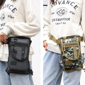 Tactical outdoor leg bag in black and camo colors for cycling and hiking utility