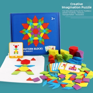 Creative geometric wooden puzzle set with 155 pieces and double-sided pattern cards