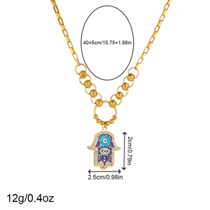 Detailed size chart for the gold Hamsa Hand pendant necklace with enamel and rhinestones