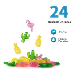 Detailed close-up of 24 BPA-free reusable ice cubes in flamingo and pineapple shapes