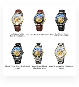 Grid view of six mechanical watch styles featuring hollow dials and leather or steel straps