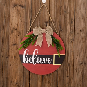 Couronne de Noël en bois rouge avec inscription believe pour décoration de porte