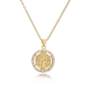 Gold 18K plated pendant necklace with Saint Benedict icon and white zircon stones