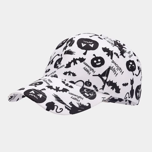 Detailed pattern of pumpkins and bats on a white Halloween themed baseball cap