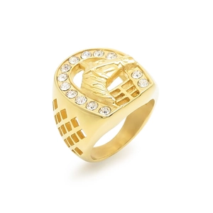 Hip hop style gold plated horse head ring for men with crystal accents on white background