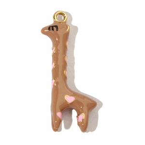 Detail of giraffe pendant in gold stainless steel with brown enamel and pink hearts