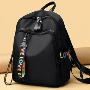 Waterproof black nylon backpack for women with stylish LOVE letter print straps