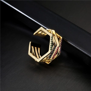 Layered hexagonal open ring in 18K gold plated copper with multi-colored cubic zirconia