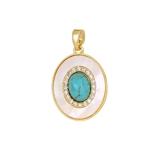 Vintage gold pendant featuring turquoise center with white shell inlay and zircon accents