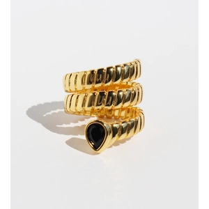 Textured gold snake ring with three-layer design and drop-shaped black zircon stone