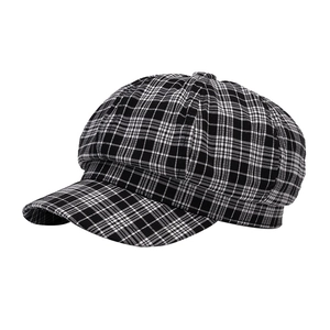 Classic black and white plaid newsboy cap featuring a retro octagonal structure and short brim