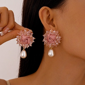 Pink Satin Rose Flower Drop Earrings Glass Crystal Beads With 925 Sterling Silver Earring Post Vintage Sweet Style