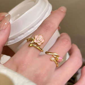 18k gold plated open flower ring set with pink enamel roses, pearls and zircons