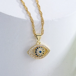 Evil Eye Pendant Necklace Copper 18K Gold Plated Blue White Zircon Rhinestone Clavicle Chain Elegant Jewelry For Women