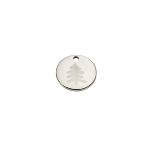 Mirror polished stainless steel round pendant with engraved Christmas tree motif